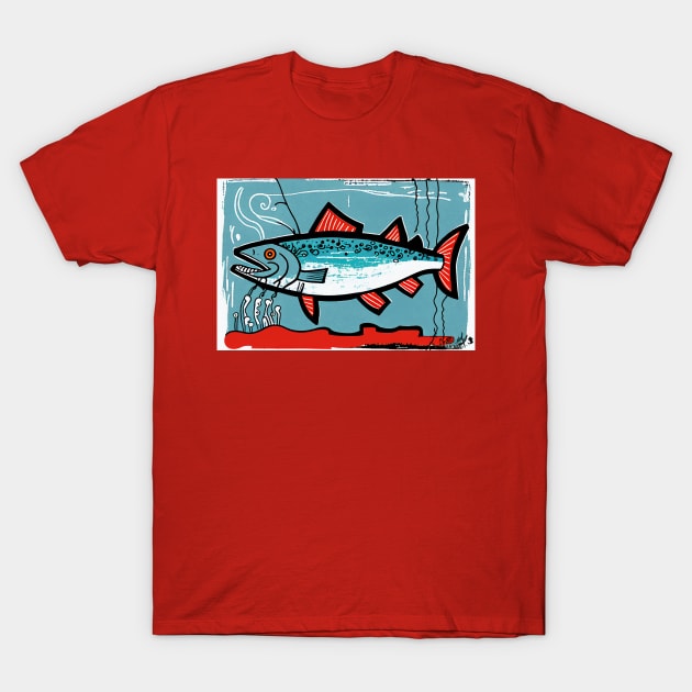 Blue Salmon in Neo-Expressionist Style Painting T-Shirt by Walter WhatsHisFace